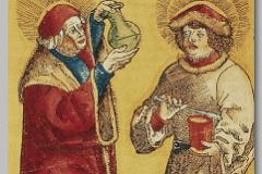 TWIN SAINTS COSMOS AND DAMIEN: (left) St. Cosmos and diagnosis by examination of the urine. (right) St Damian therapy with a medication. from "Feldtbüch der Wundartzney" by Hans von Gersdorff (1517).